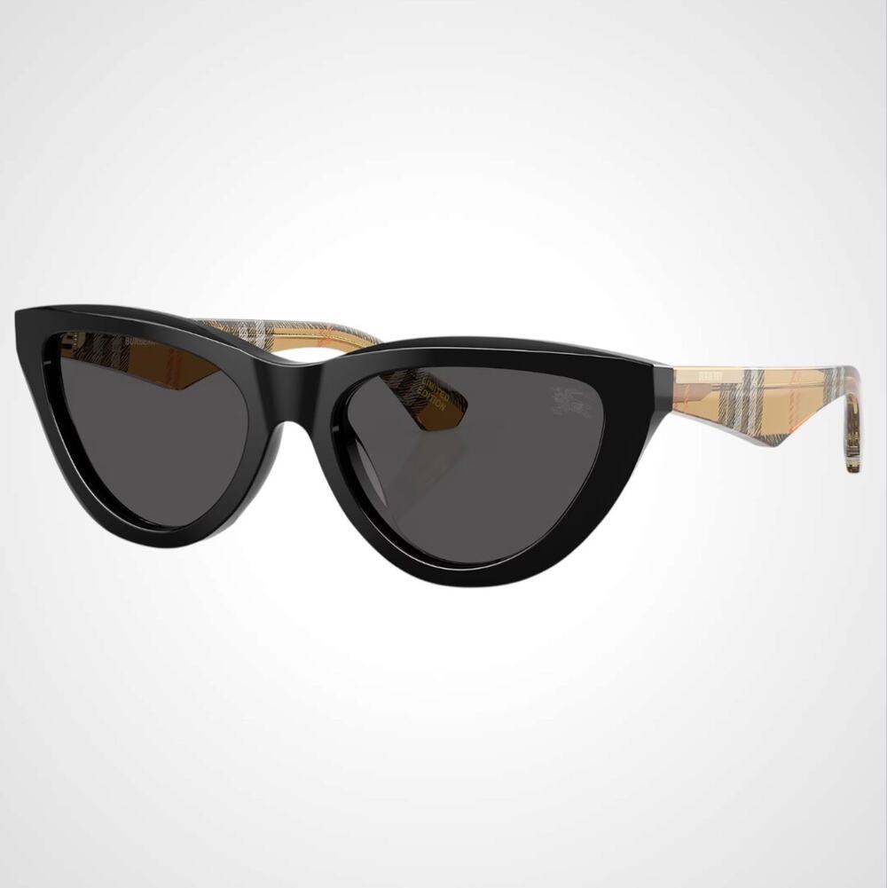 New Burberry Sunglasses Black Front Cat Eye Frame Checkered Arms Gray Lens